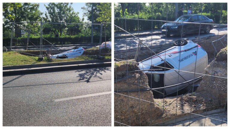 FOTO | Incident neobișnuit pe Bulevardul Doamna Ghica: O dubă a aterizat cu roțile în sus într-o groapă de șantier