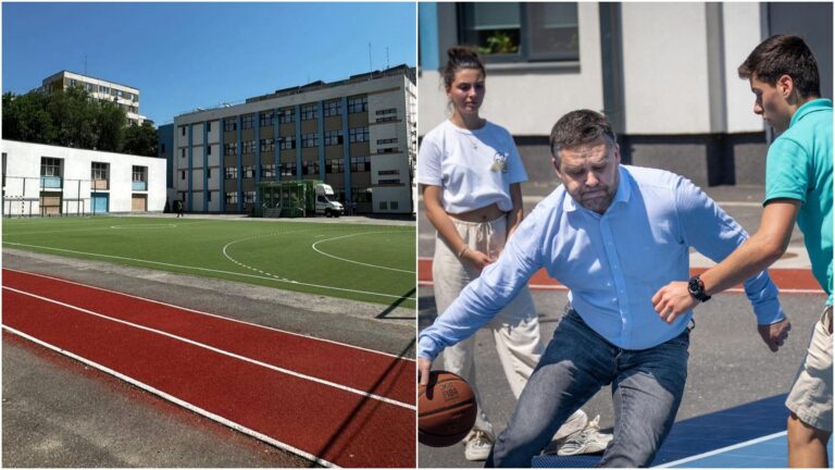 Finalizarea bazelor sportive la Colegiul „Constantin Kirițescu” și Școala nr. 59: Primarul Ciucu joacă baschet cu elevii