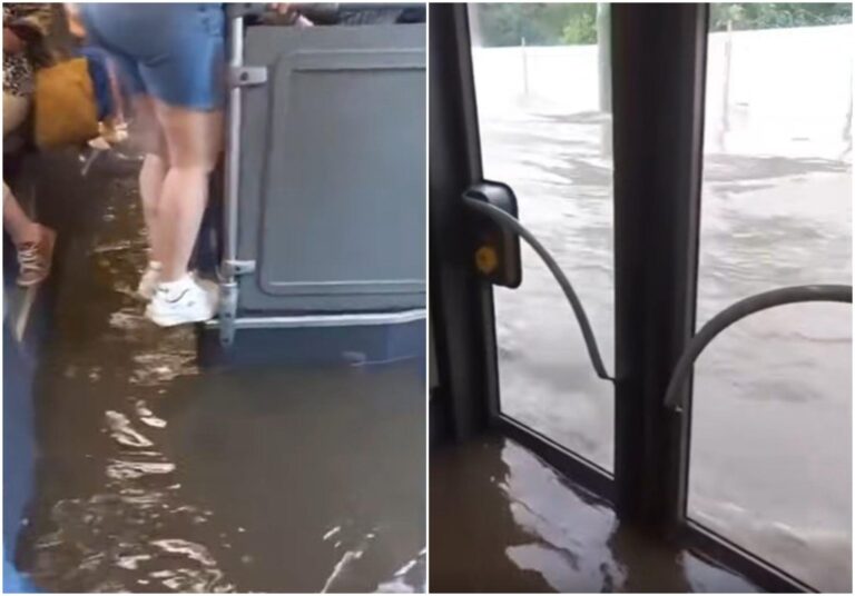 Imagini surprinzătoare dintr-un autobuz STB, inundat pe Șoseaua Mihai Bravu, transformând drumul într-o experiență acvatică