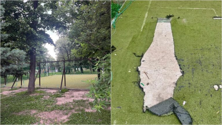 Starea precară a terenului de mini-fotbal din Parcul Tei: Gazon sfâșiat și pericole pentru copii