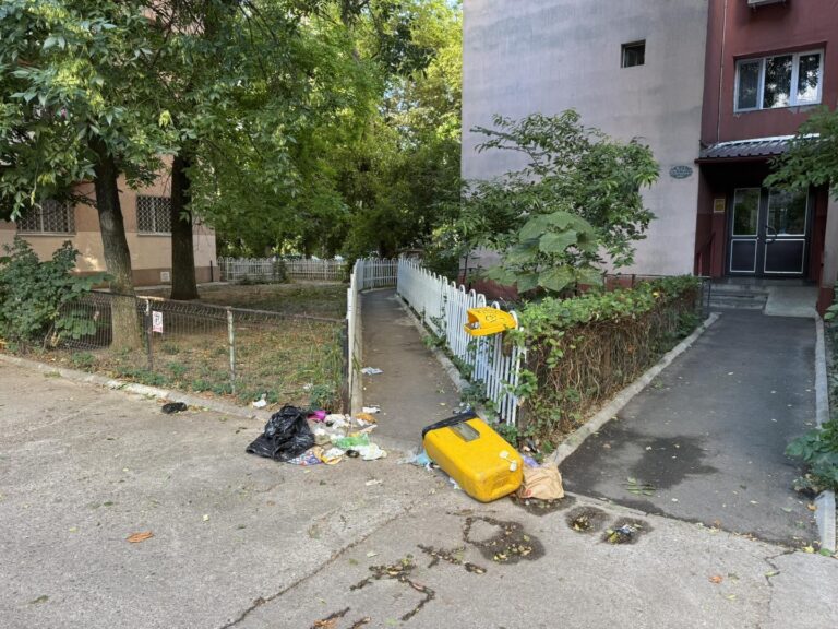 Un coș de gunoi răsturnat stârnește amuzament în Sectorul 5