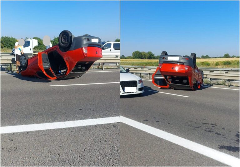 Accident spectaculos pe A3 București – Ploiești, cu mașină răsturnată complet