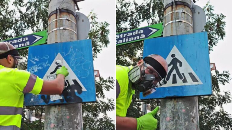 Iulian, marinarul care curăță indicatoarele rutiere vandalizate din București