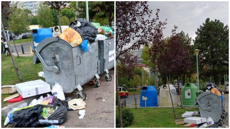 Gunoaie abandonate în fața Teatrului Masca din București