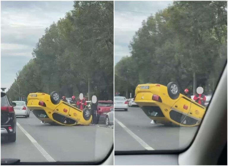 Accident pe Strada Emil Racoviță din Berceni: Taxi răsturnat, pompierii intervin