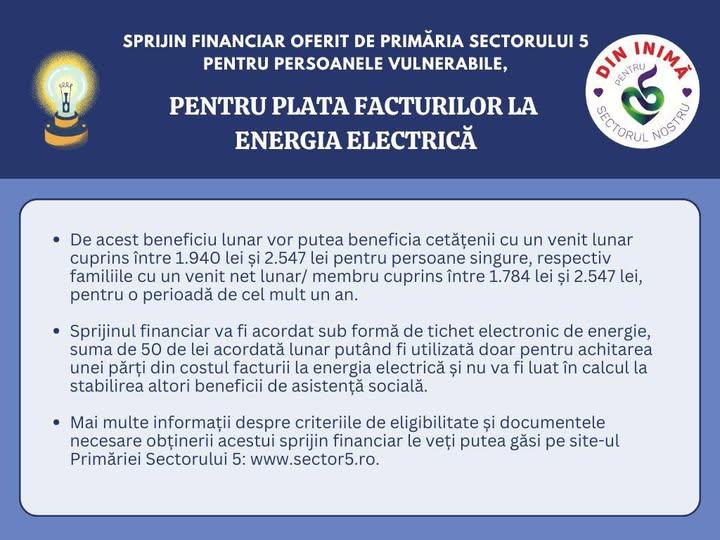Sprijin financiar oferit de Primăria Sectorului 5 pentru persoanele vulnerabile, pentru plata facturilor la energia electrică