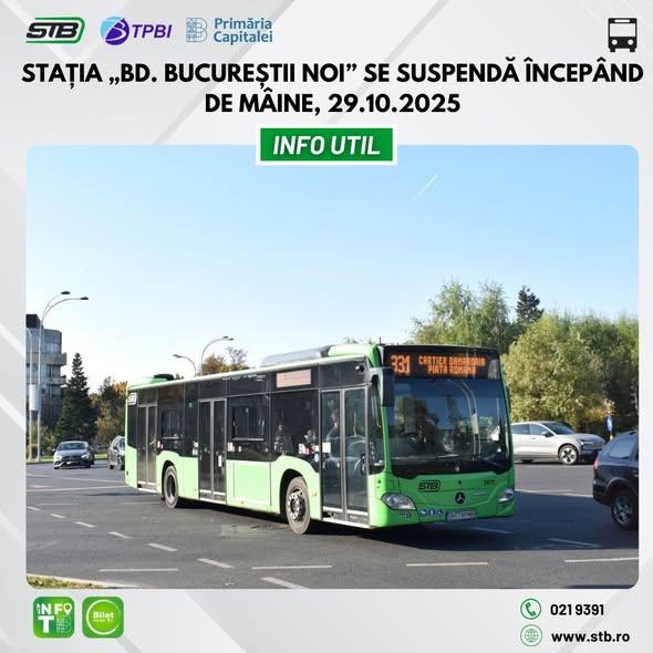 Suspensia temporară a stației „Bd. Bucureștii Noi” începând cu 29.10.2025