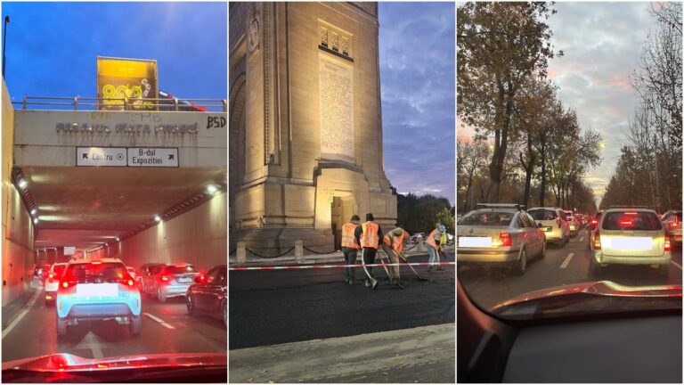 Trafic aglomerat la Arcul de Triumf din cauza lucrărilor de asfaltare