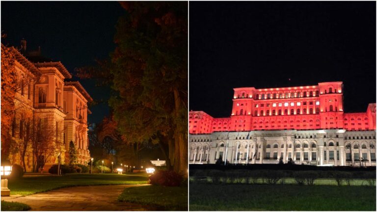 Imagini spectaculoase cu Palatul Cotroceni și Palatul Parlamentului iluminate în portocaliu, de Ziua Internațională de Luptă împotriva violenței asupra femeilor