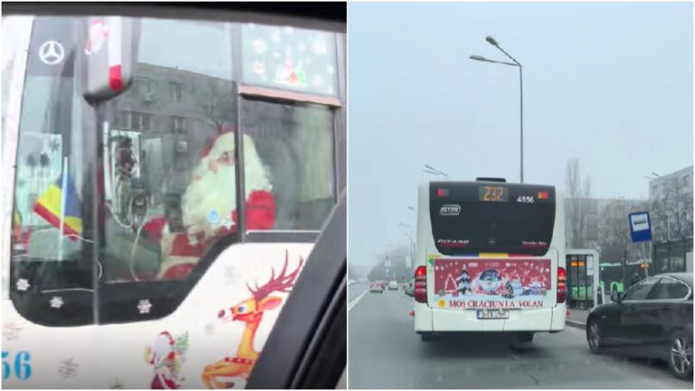 Moș Crăciun conduce un autobuz STB și aduce zâmbete în traficul din București 🎅🏻