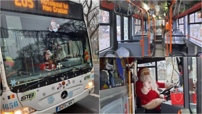 Moș Crăciun la volanul unui autobuz STB pe linia 205 din București