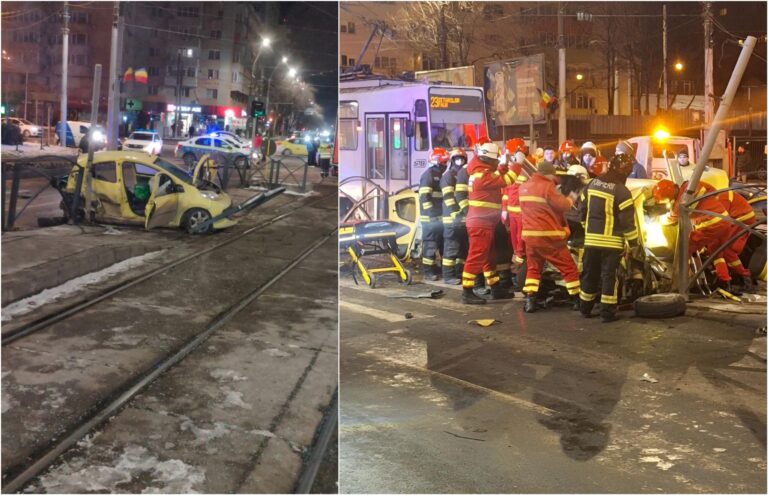 Accident grav în Rahova, pe strada Sebastian. Două mașini s-au ciocnit violent, una a fost proiectată pe șine. 3 oameni încarcerați, tramvaie blocate