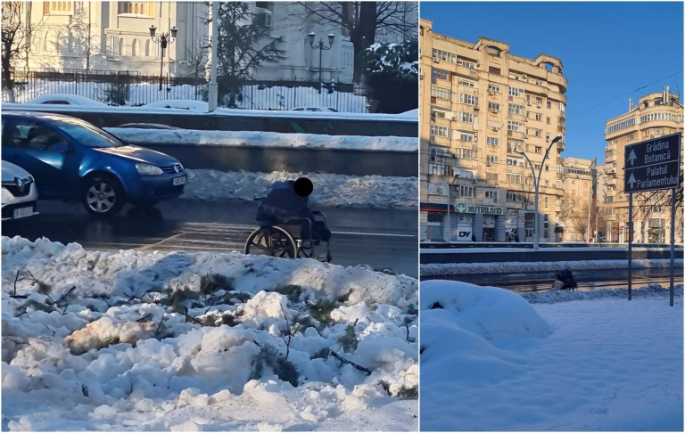 Domn în scaun cu rotile printre mașini, la Pasajul Unirii, din cauza zăpezii și șleaurilor de peste tot