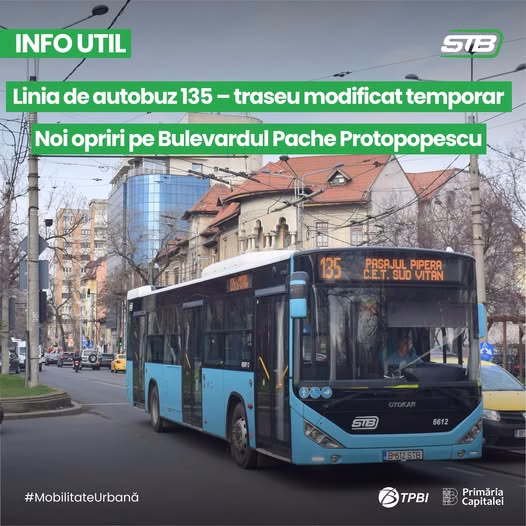 Autobuzul 135 își schimbă traseul de azi din cauza lucrărilor