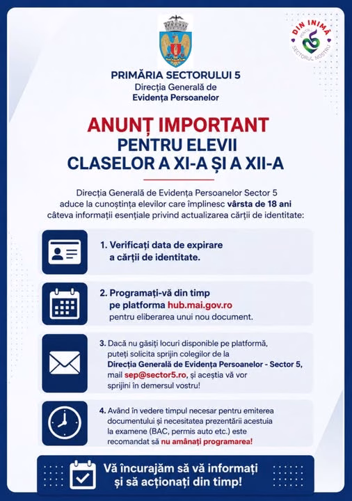 Elevi de liceu din Sectorul 5, atenție la buletin! - Bucuresti