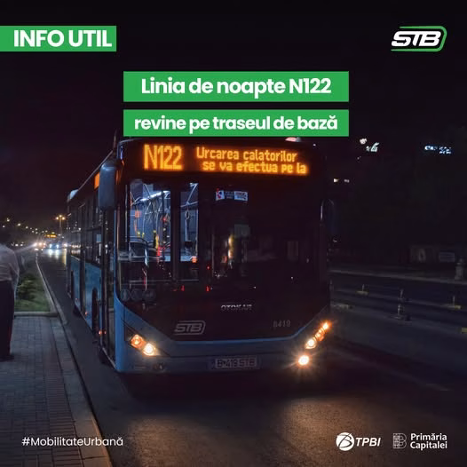 Autobuzul de noapte N122 se întoarce pe Calea Dudești - Bucuresti